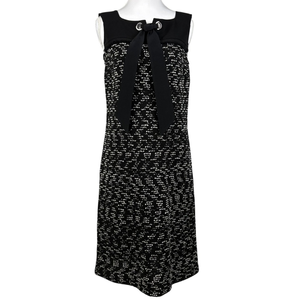 St John Knit Sleeveless Dress Womens Size 4 Black White Knee Length Bow